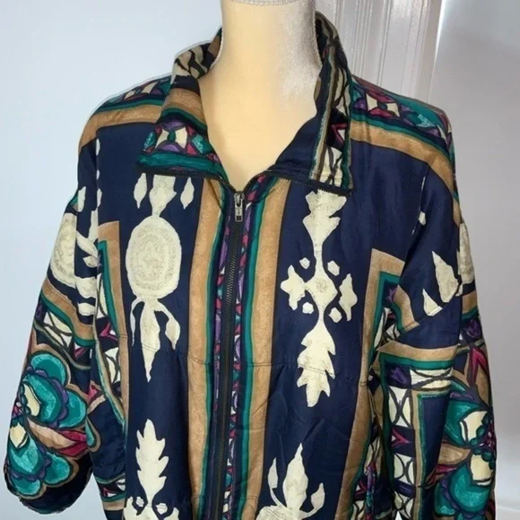 Vintage 90’s Stunt Sports 100% Silk Boho/Southwestern/Aztec Bomber Jacket Sz 2X - Picture 2 of 15